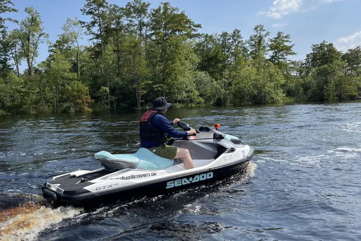 Person on a jet ski in a lake surrounded by trees under a blue sky.