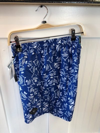 blue shorts with fish