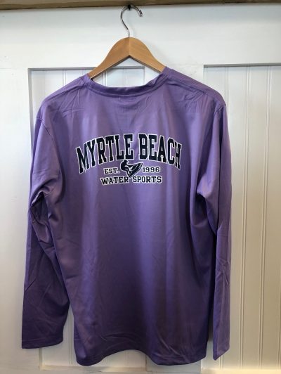 back of purple myrtle beach long sleeve shirt