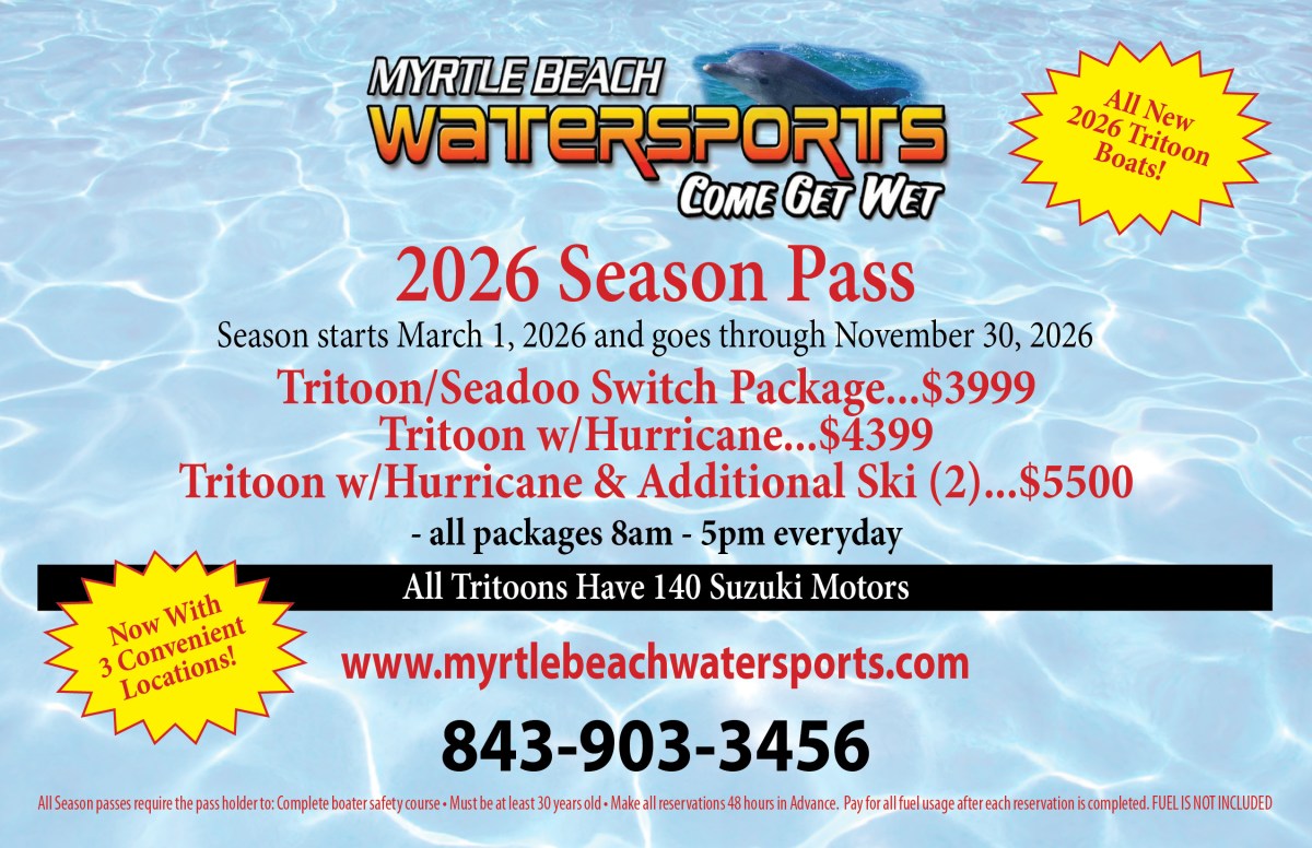 Myrtle Beach Watersports 2026 season pass flyer with pricing and contact info.