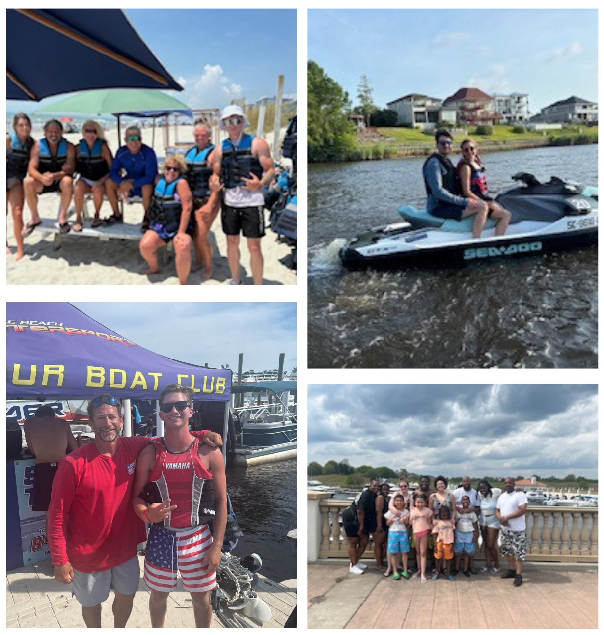 Collage of people at a beach, on a jet ski, next to a boat club tent, and posing together outdoors.