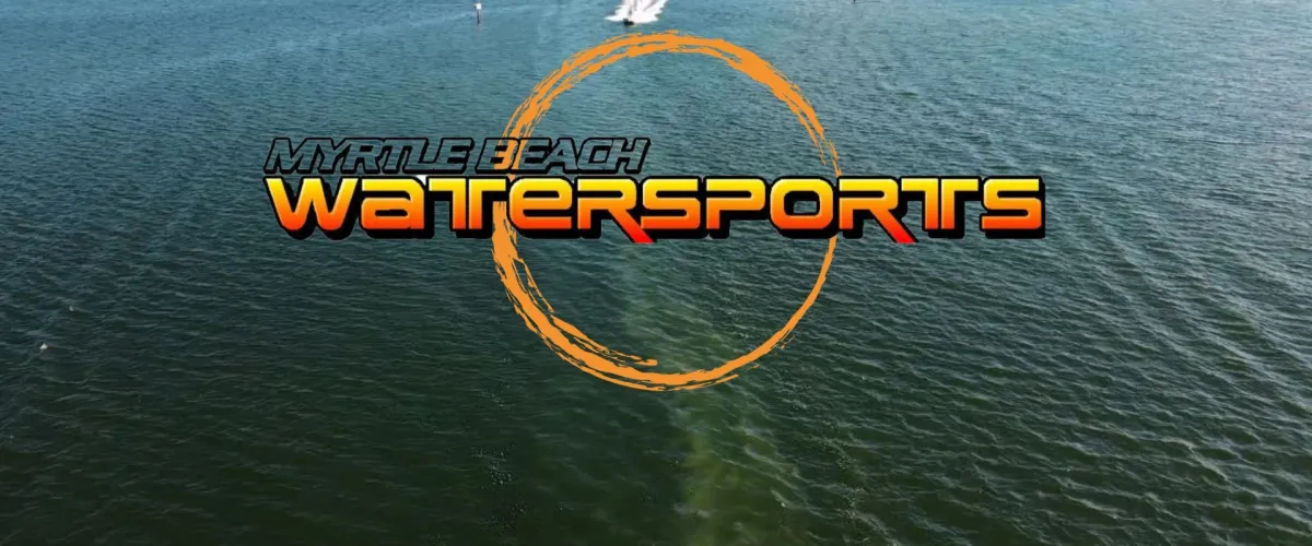 Logo over aerial view of speedboat on water: Myrtle Beach Watersports.